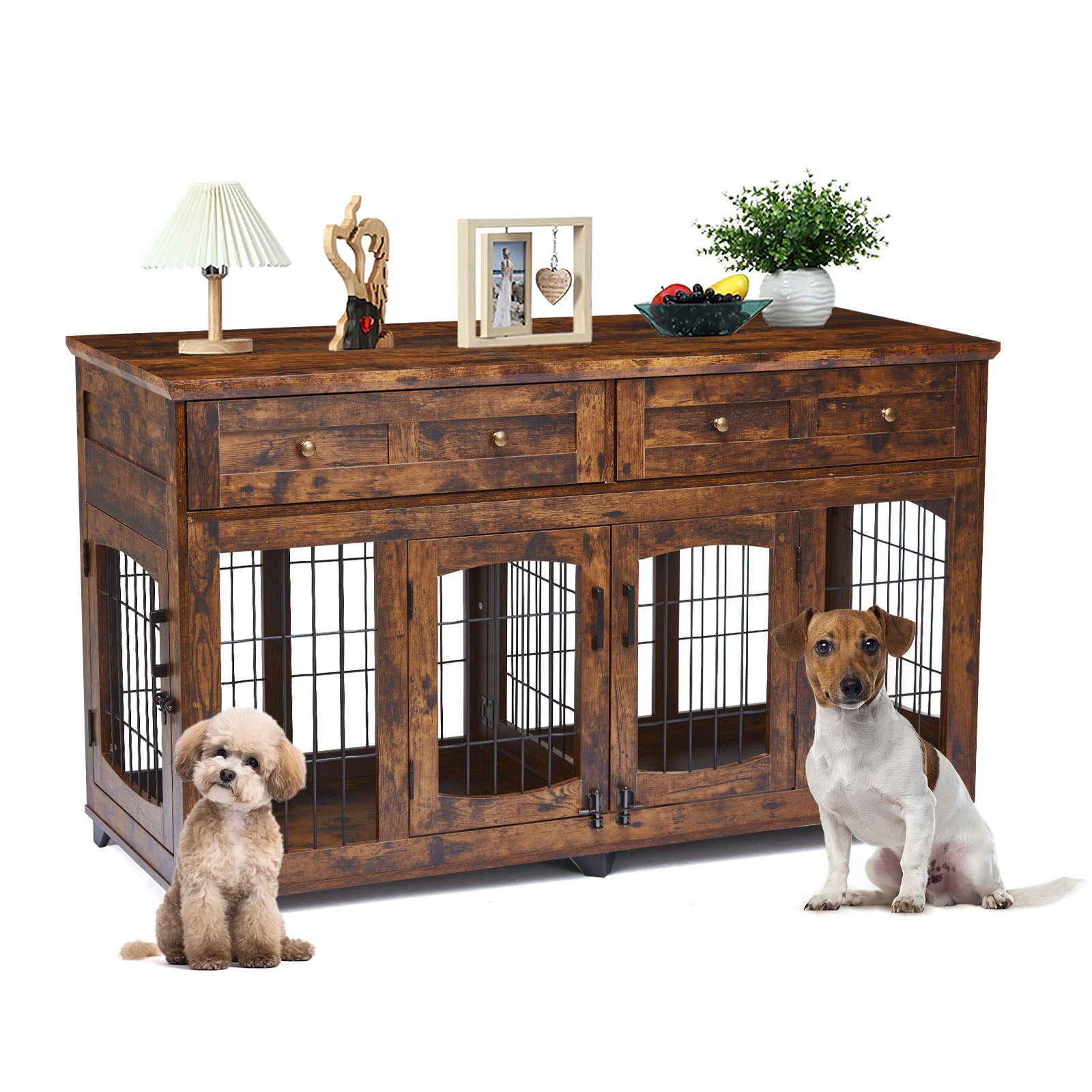 Garvee Dog Crate Furniture with 5 Doors, 58" Wooden Dog Kennel Cage End Table with Large Capacity Drawers, Dog House with Openable Divider for Dogs(Brown)