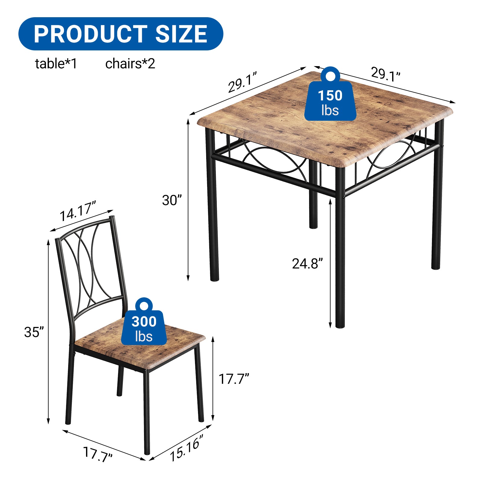 Garvee Dining Table Set for 2, Kitchen Table and Chairs, Square Kitchen Brown Table Set with 2 Brown Chairs, 3 Piece Dining Room Table Set for Small Space, Apartment, Studios