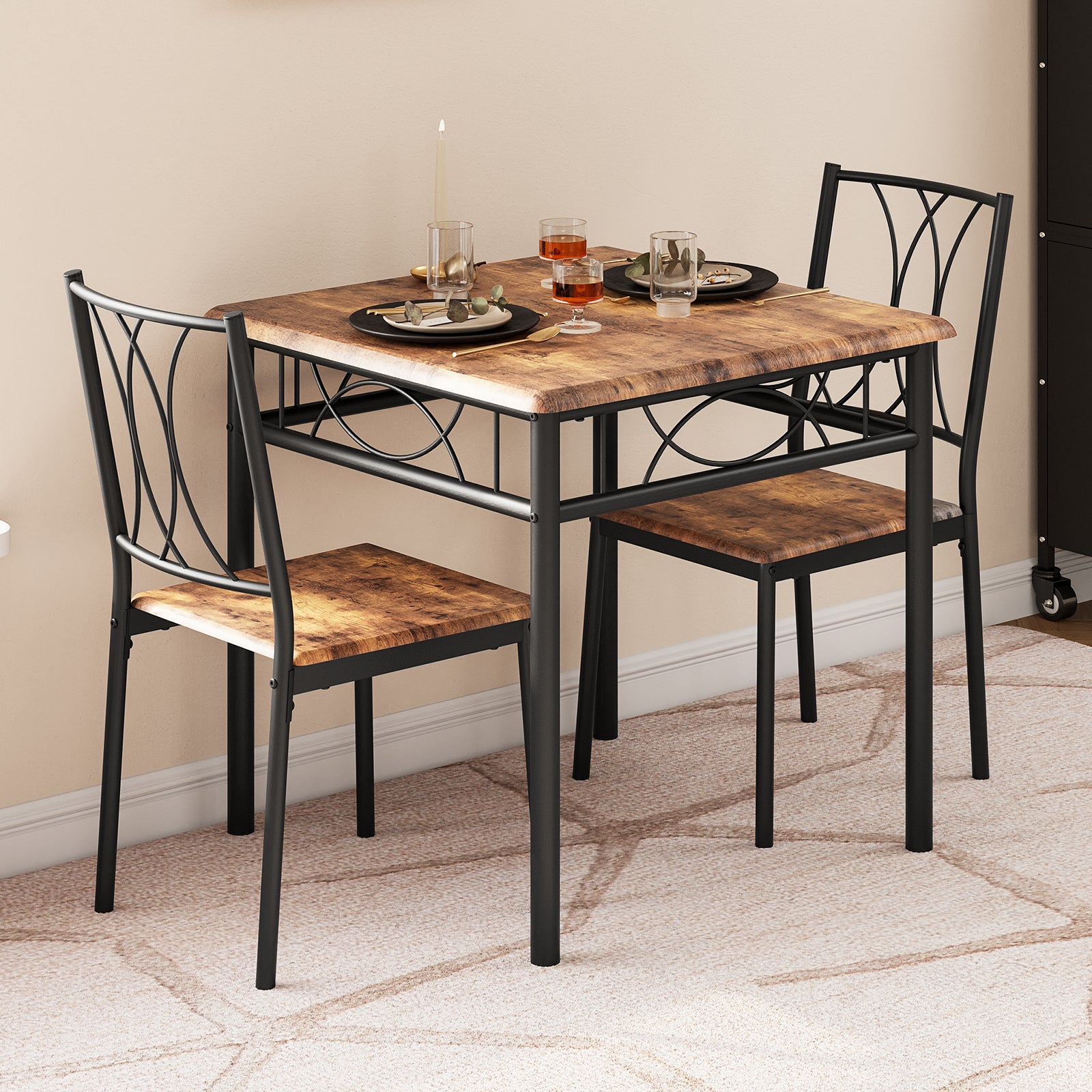 Garvee Dining Table Set for 2, Kitchen Table and Chairs, Square Kitchen Brown Table Set with 2 Brown Chairs, 3 Piece Dining Room Table Set for Small Space, Apartment, Studios