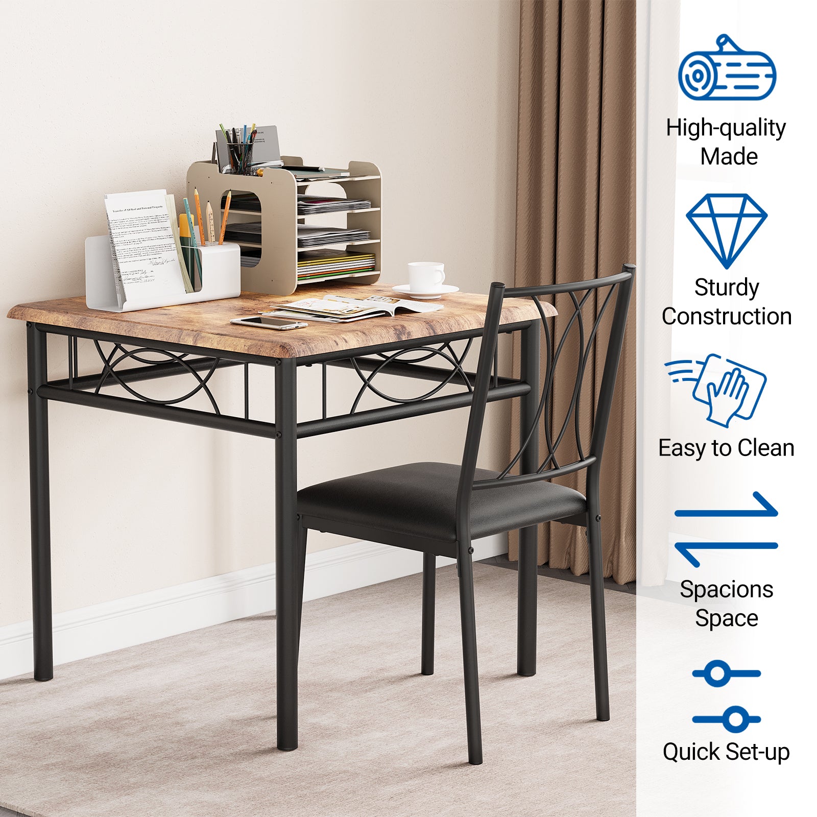 Garvee Dining Table Set for 2 with Cushioned Chairs, Space-Saving, Sturdy MDF & Steel, Easy Assembly, Rustic Brown, Ideal for Apartments