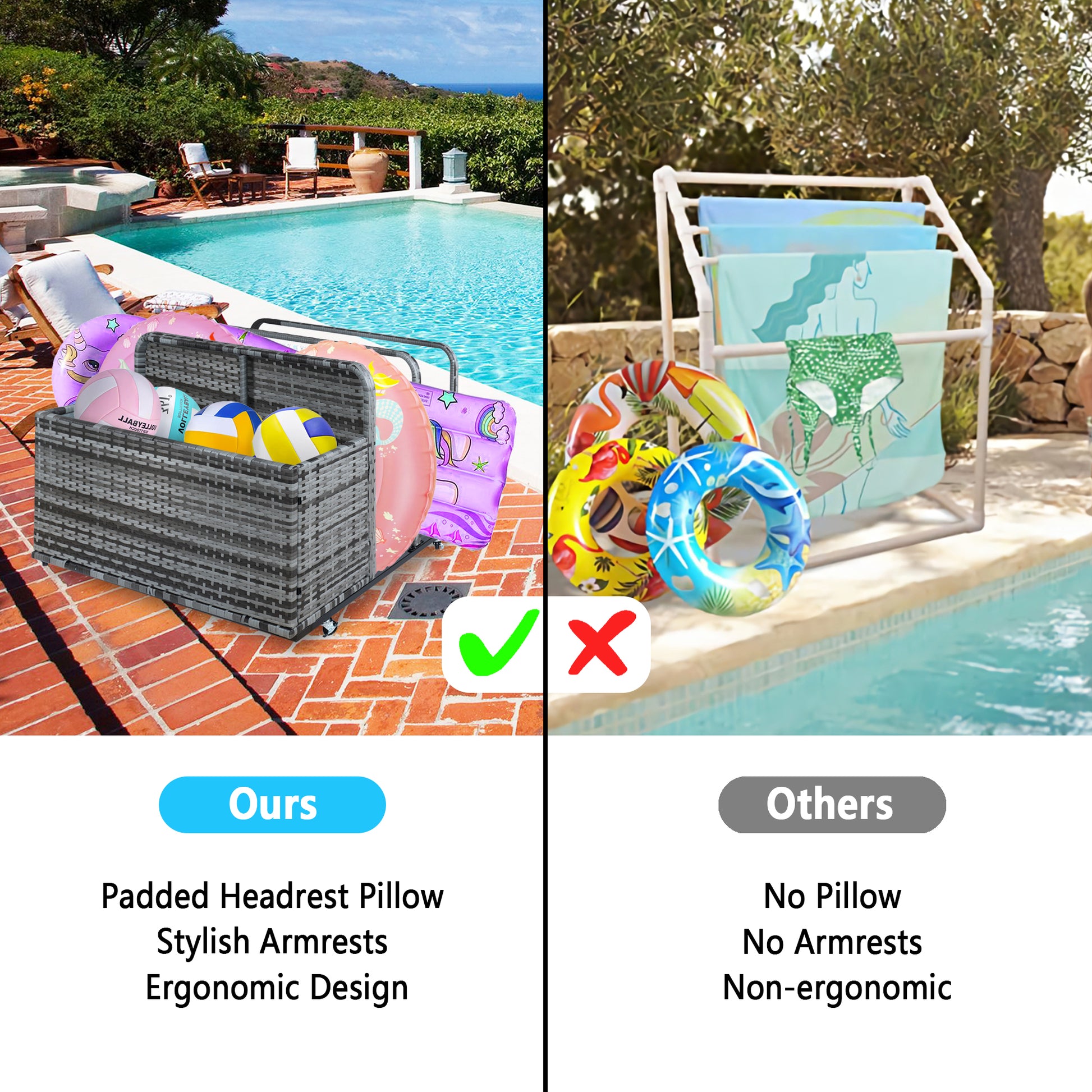 A wicker outdoor storage box filled with pool toys, with colorful inflatable rings and balls, on a patio near a swimming pool with a scenic ocean view.