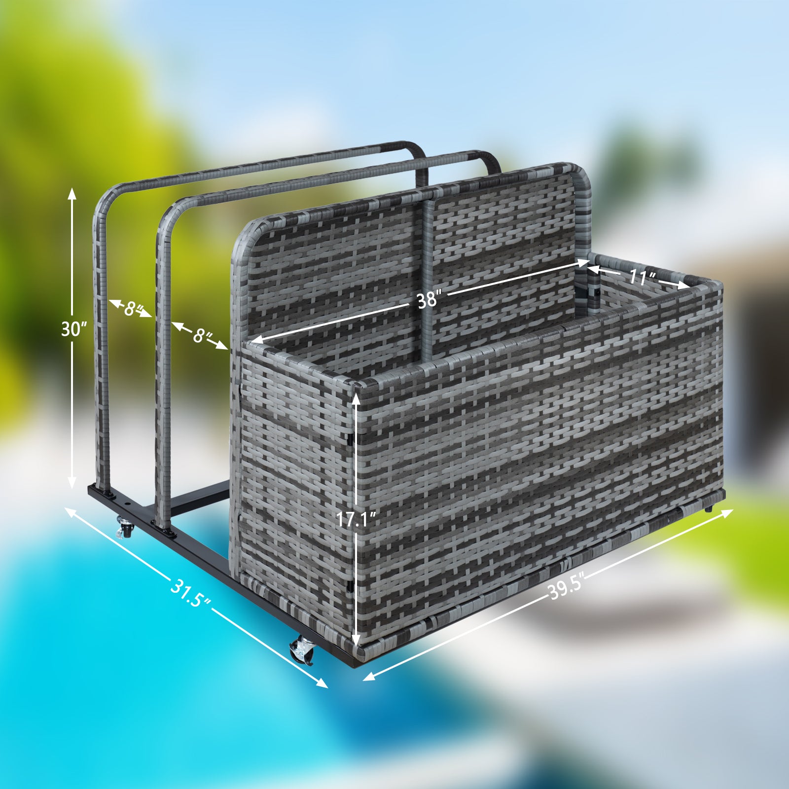 Close-up of a rectangular outdoor wicker storage box filled with colorful pool toys, including balls and inflatable rings, with dimensions listed.