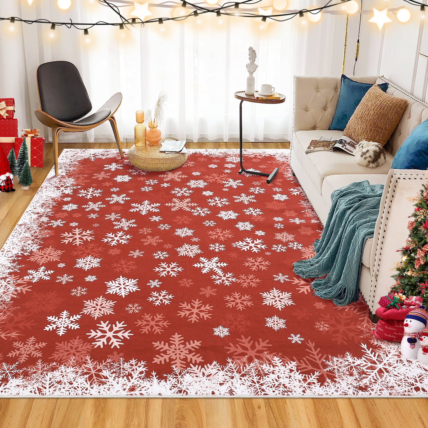 Garvee Area Rug 6x9 Christmas Printed Rug Washable Rugs Xmas Snowflake Decorative Rug for Living Room Bedroom Classroom Office Nursery Low Pile Neutral Soft Rug Non Slip Farmhouse Carpet Red