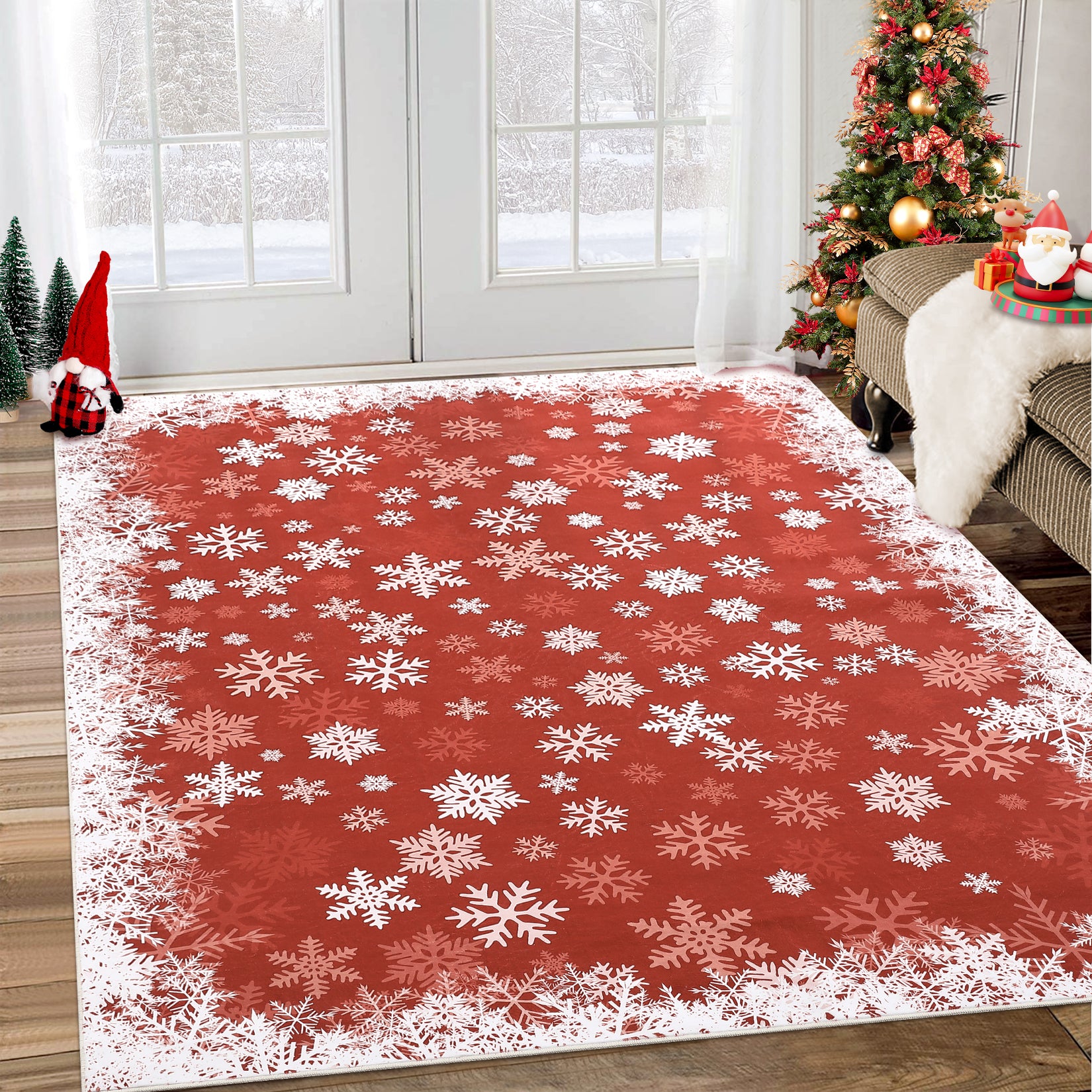 Garvee Area Rug 6x9 Christmas Printed Rug Washable Rugs Xmas Snowflake Decorative Rug for Living Room Bedroom Classroom Office Nursery Low Pile Neutral Soft Rug Non Slip Farmhouse Carpet Red