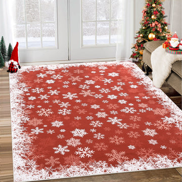 Garvee Area Rug 6x9 Christmas Printed Rug Washable Rugs Xmas Snowflake Decorative Rug for Living Room Bedroom Classroom Office Nursery Low Pile Neutral Soft Rug Non Slip Farmhouse Carpet Red