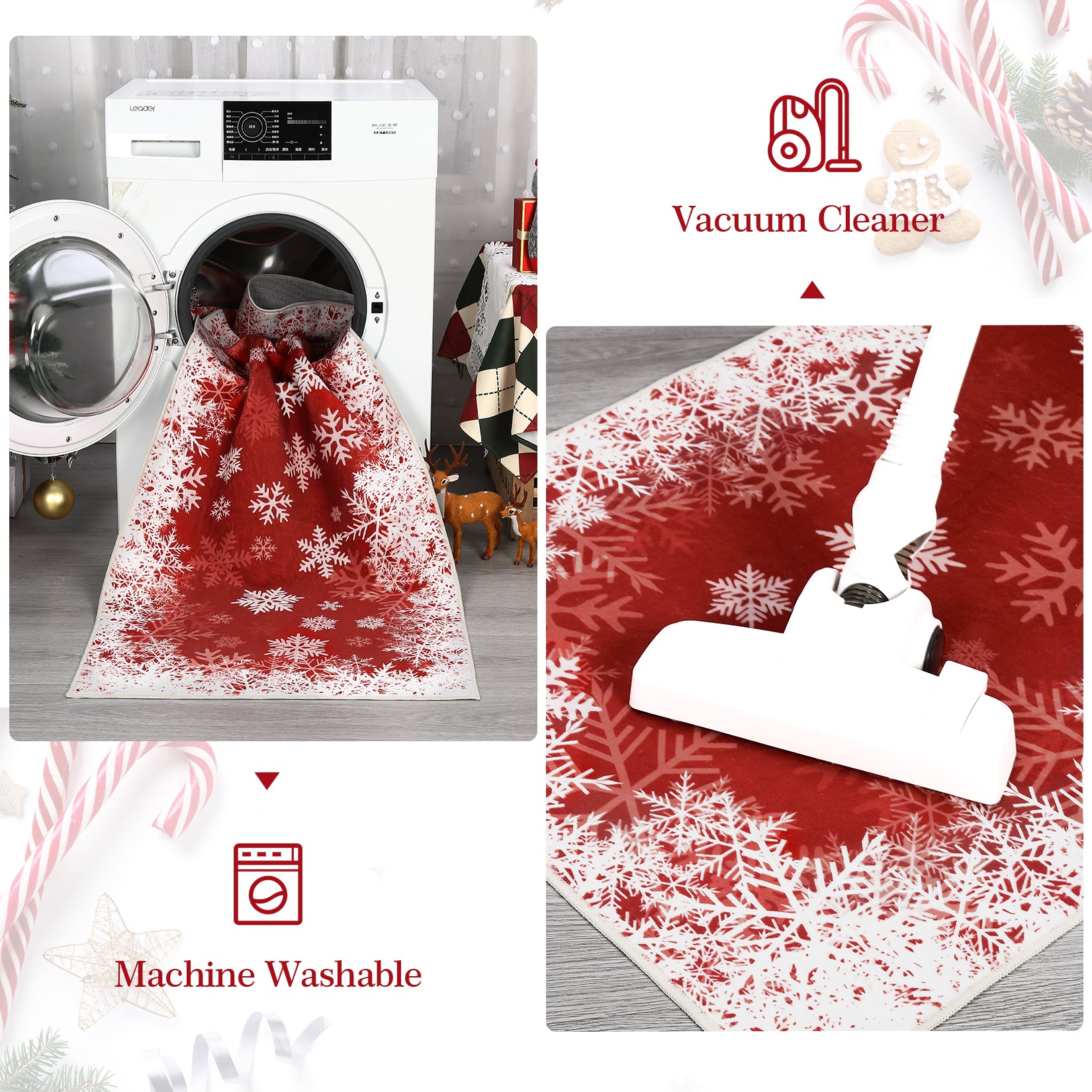 Garvee Area Rug 6x9 Christmas Printed Rug Washable Rugs Xmas Snowflake Decorative Rug for Living Room Bedroom Classroom Office Nursery Low Pile Neutral Soft Rug Non Slip Farmhouse Carpet Red