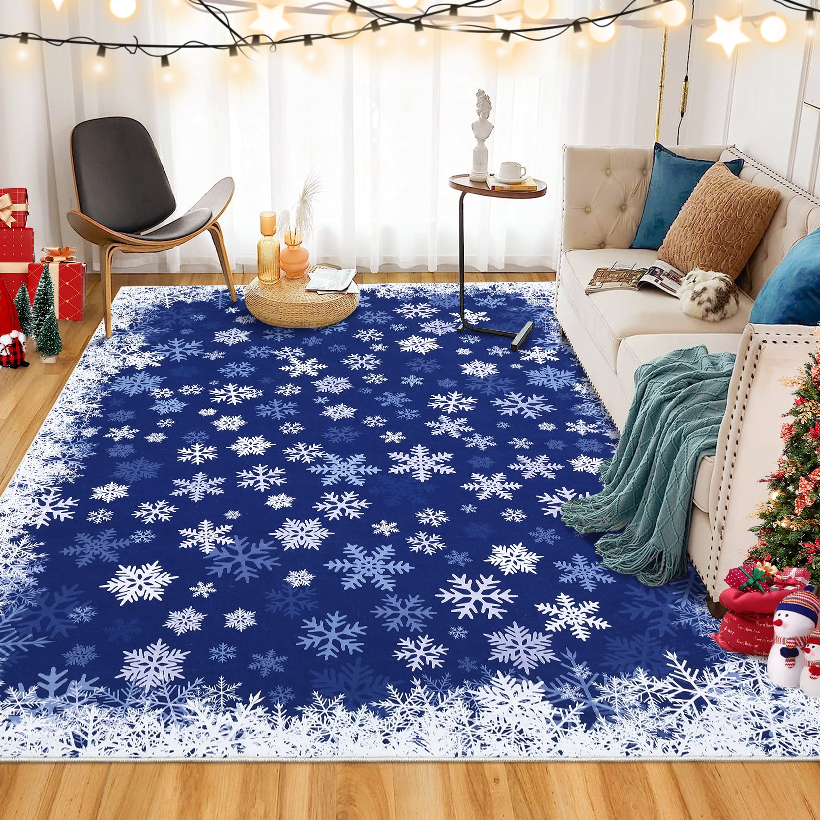 Garvee Christmas Area Rug 6x9 Snowflake Print Non-Slip Ultra Thin Stain Resistant Machine Washable Blue Living Room Decor