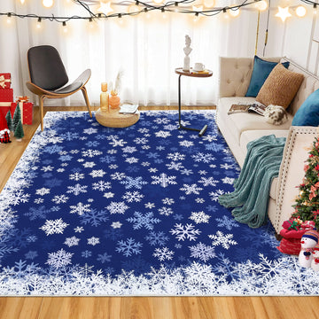 Garvee Christmas Area Rug 6x9 Snowflake Print Non-Slip Ultra Thin Stain Resistant Machine Washable Blue Living Room Decor