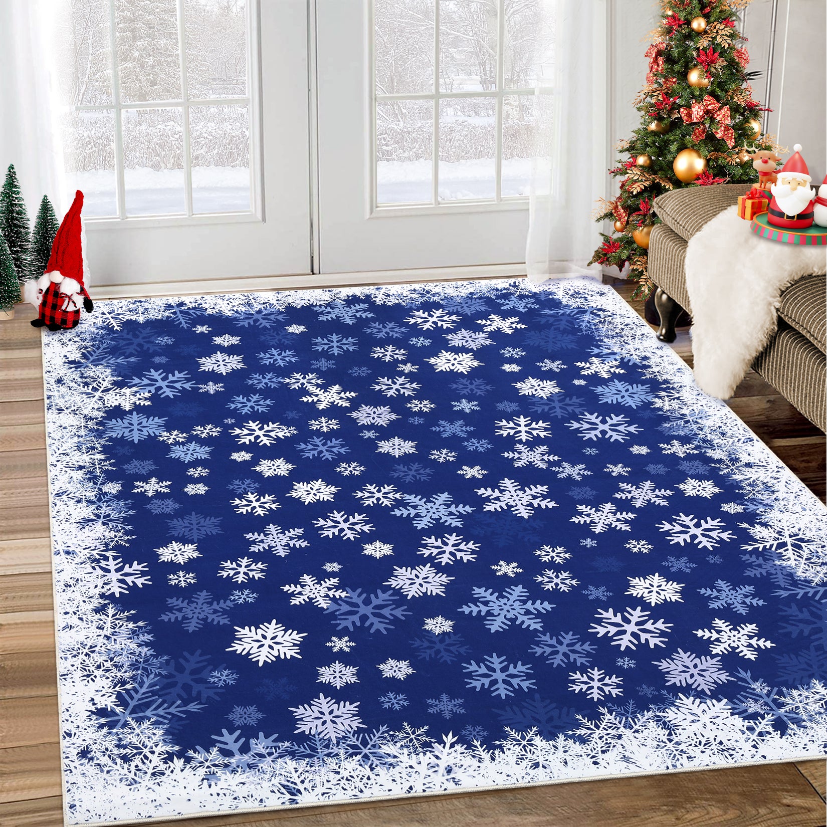 Garvee Christmas Area Rug 6x9 Snowflake Print Non-Slip Ultra Thin Stain Resistant Machine Washable Blue Living Room Decor