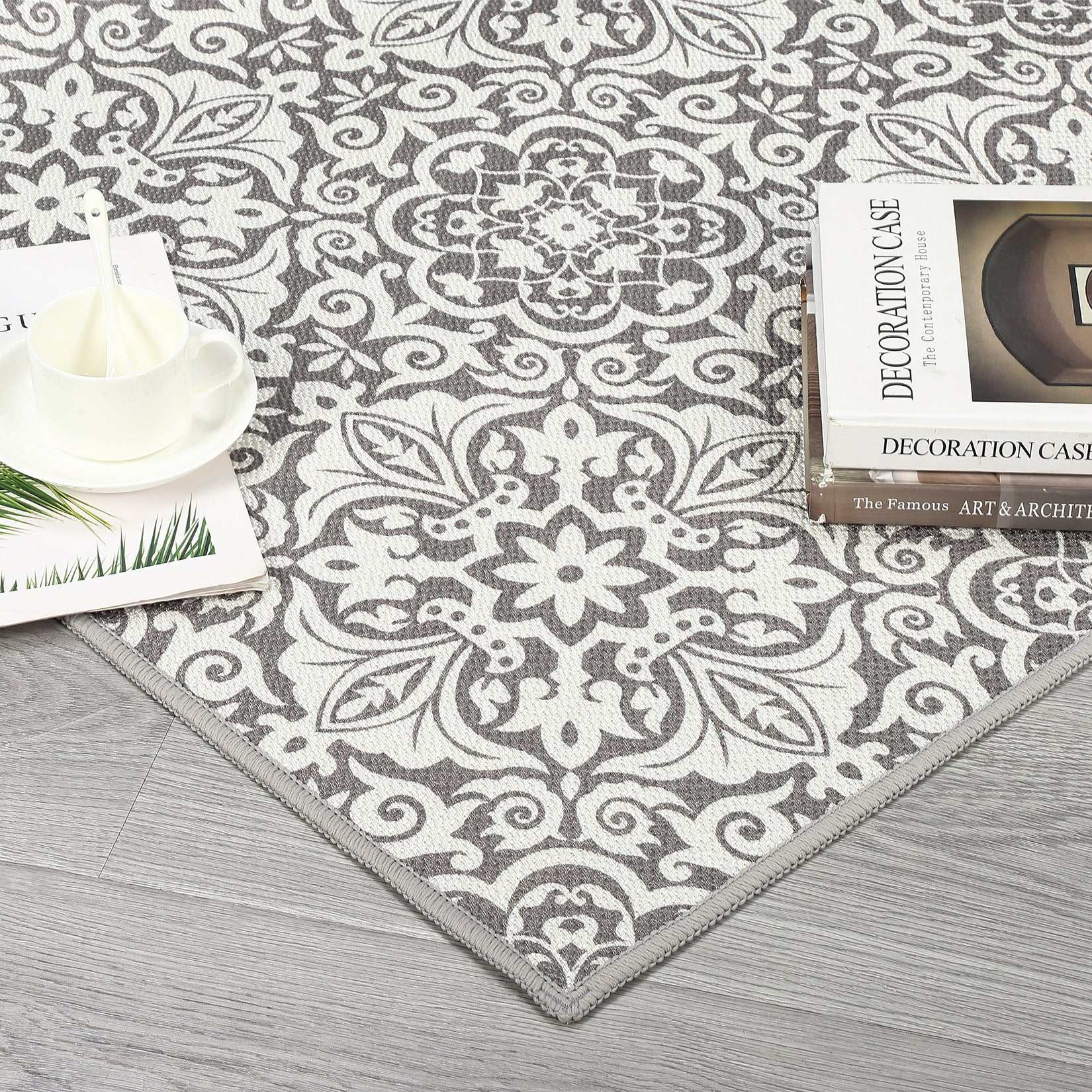 Garvee 8x10 Area Rug Indoor/Outdoor Area Rug Vintage Floral Area Rug Ultra-Thin Non Slip Floor Mat Easy-Cleaning Farmhouse Rug for Living Room Bedroom Backyard Patio Porch Outdoor Rug Grey