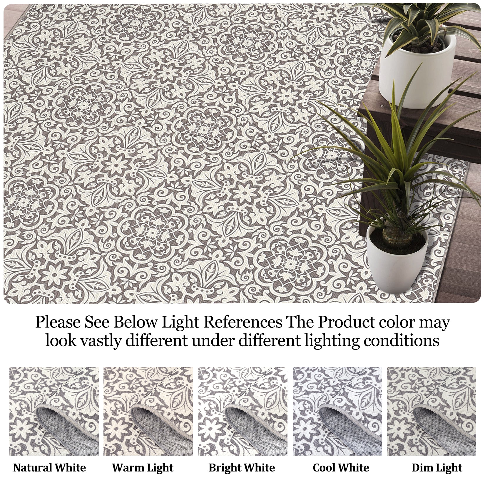 Garvee 8x10 Area Rug Indoor/Outdoor Area Rug Vintage Floral Area Rug Ultra-Thin Non Slip Floor Mat Easy-Cleaning Farmhouse Rug for Living Room Bedroom Backyard Patio Porch Outdoor Rug Grey