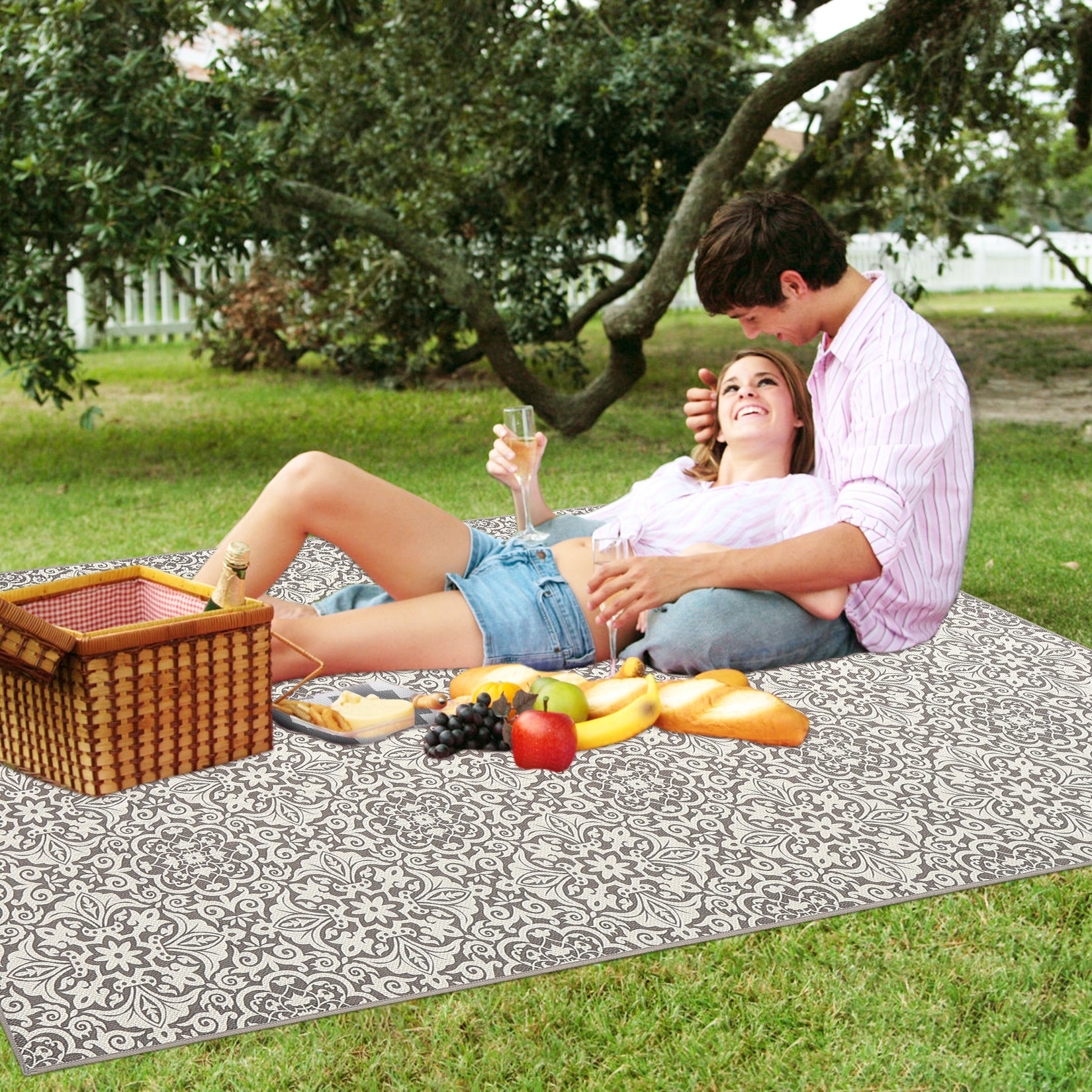 Garvee 8x10 Area Rug Indoor/Outdoor Area Rug Vintage Floral Area Rug Ultra-Thin Non Slip Floor Mat Easy-Cleaning Farmhouse Rug for Living Room Bedroom Backyard Patio Porch Outdoor Rug Grey