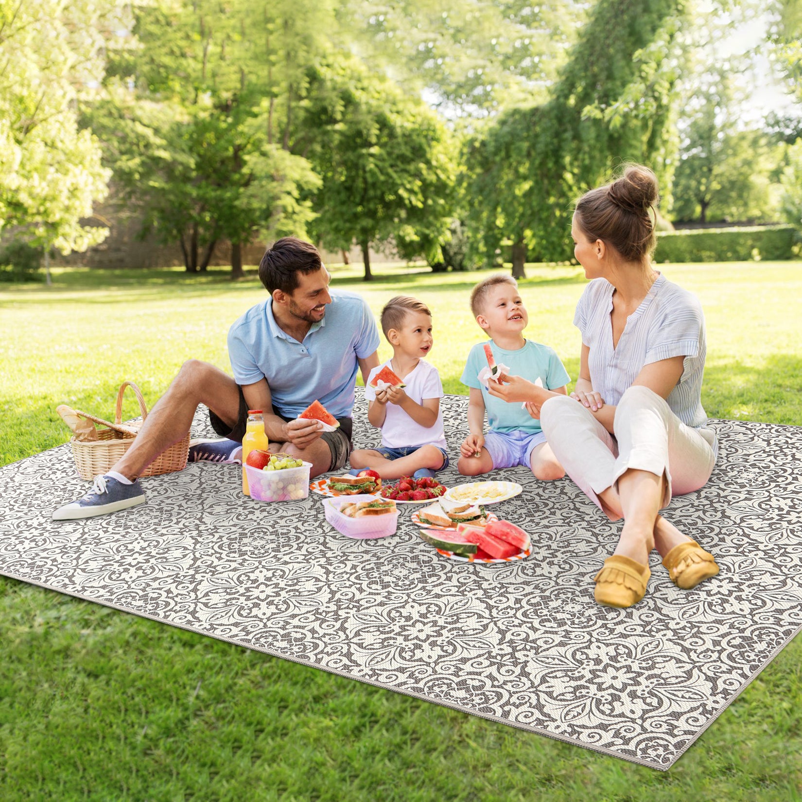 Garvee 8x10 Area Rug Indoor/Outdoor Area Rug Vintage Floral Area Rug Ultra-Thin Non Slip Floor Mat Easy-Cleaning Farmhouse Rug for Living Room Bedroom Backyard Patio Porch Outdoor Rug Grey