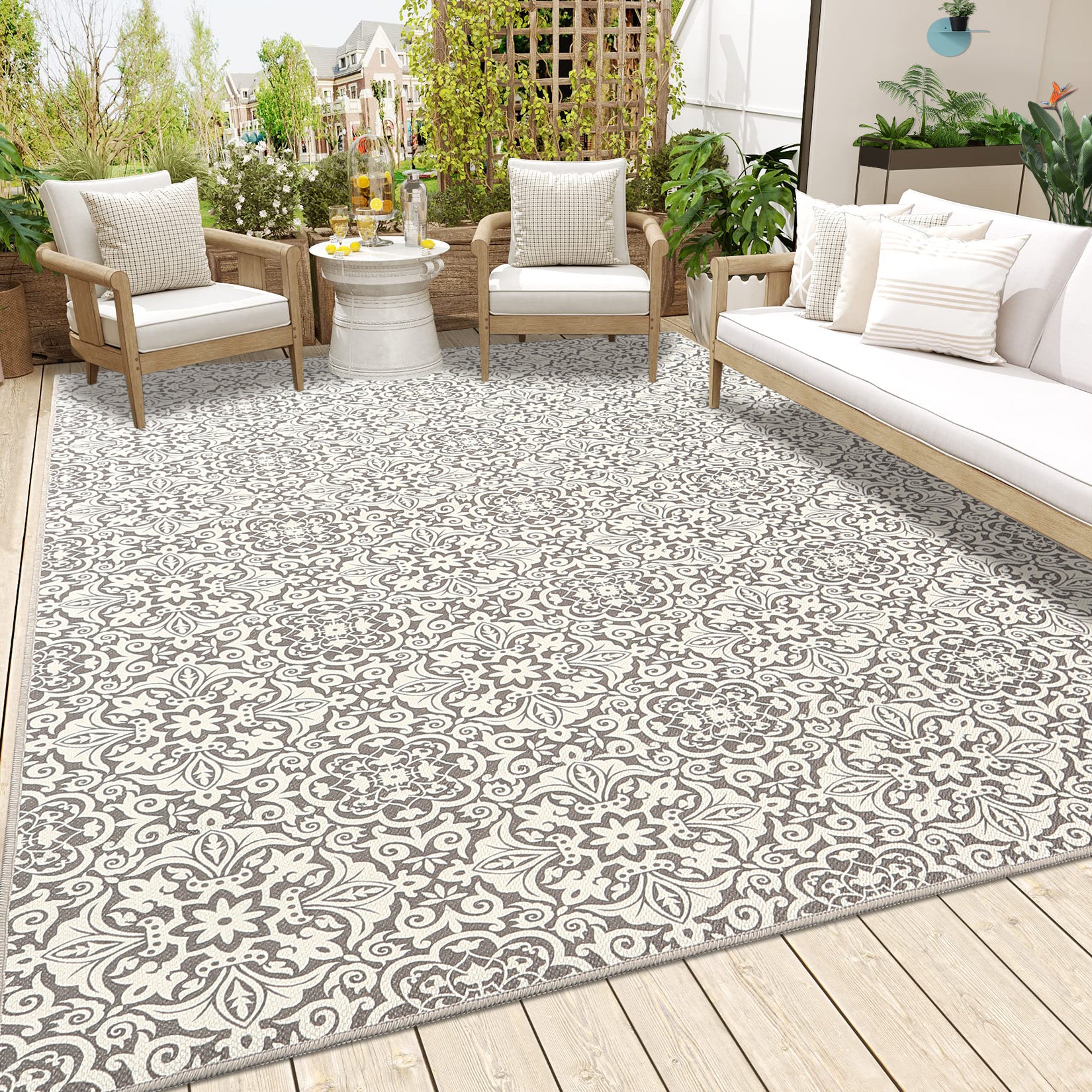 Garvee 8x10 Area Rug Indoor/Outdoor Area Rug Vintage Floral Area Rug Ultra-Thin Non Slip Floor Mat Easy-Cleaning Farmhouse Rug for Living Room Bedroom Backyard Patio Porch Outdoor Rug Grey