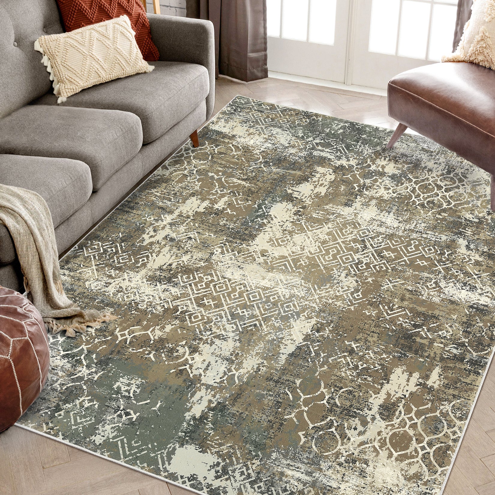 Garvee Large Area Rug 10x13 Abstract Rug Machine Washable Area Rug Non Slip Low Pile Rugs Lightweight Rug for Bedroom Living Room, Camel/Green
