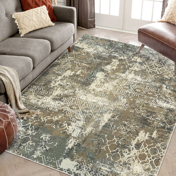 Garvee Large Area Rug 10x13 Abstract Rug Machine Washable Area Rug Non Slip Low Pile Rugs Lightweight Rug for Bedroom Living Room, Camel/Green