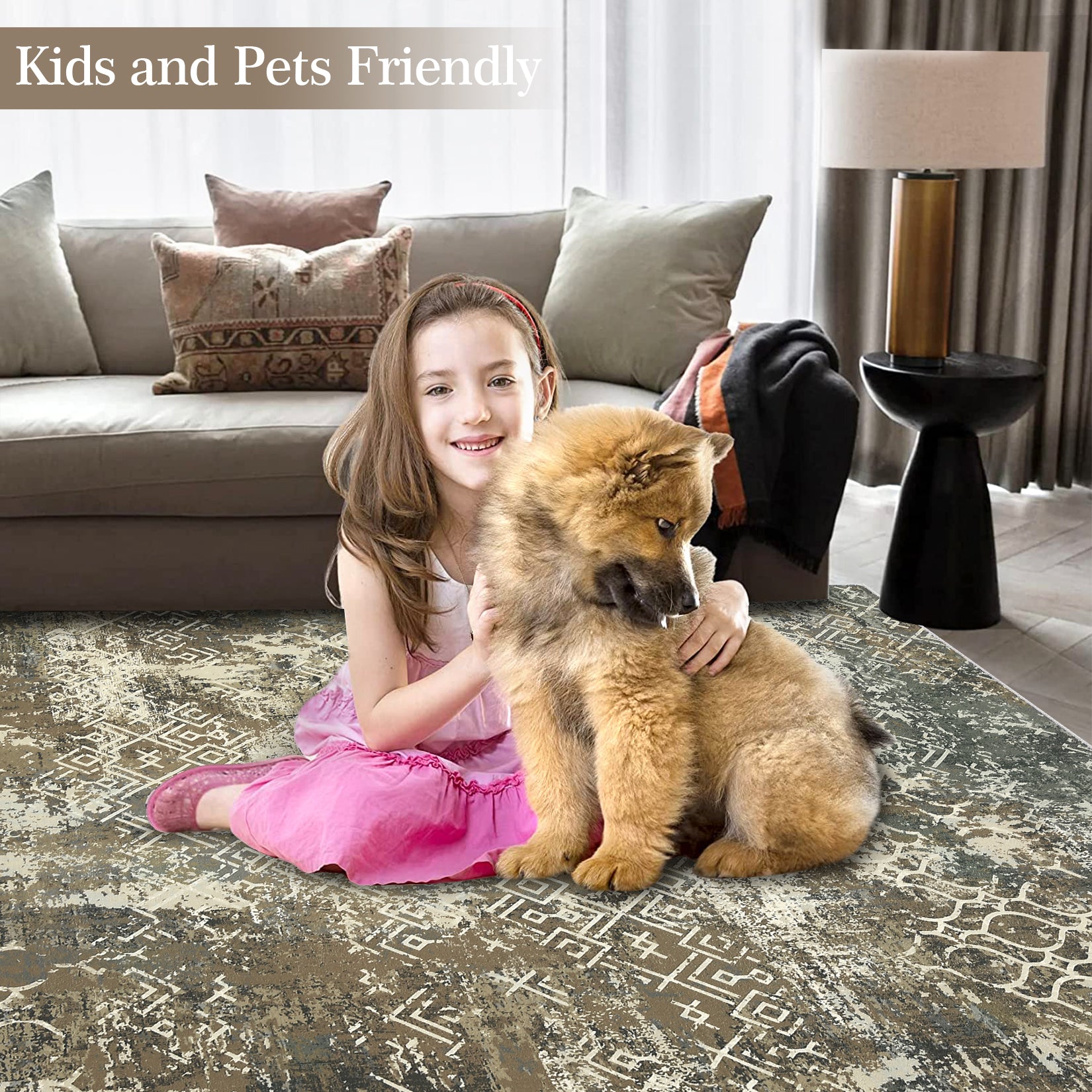 Garvee Large Area Rug 10x13 Abstract Rug Machine Washable Area Rug Non Slip Low Pile Rugs Lightweight Rug for Bedroom Living Room, Camel/Green