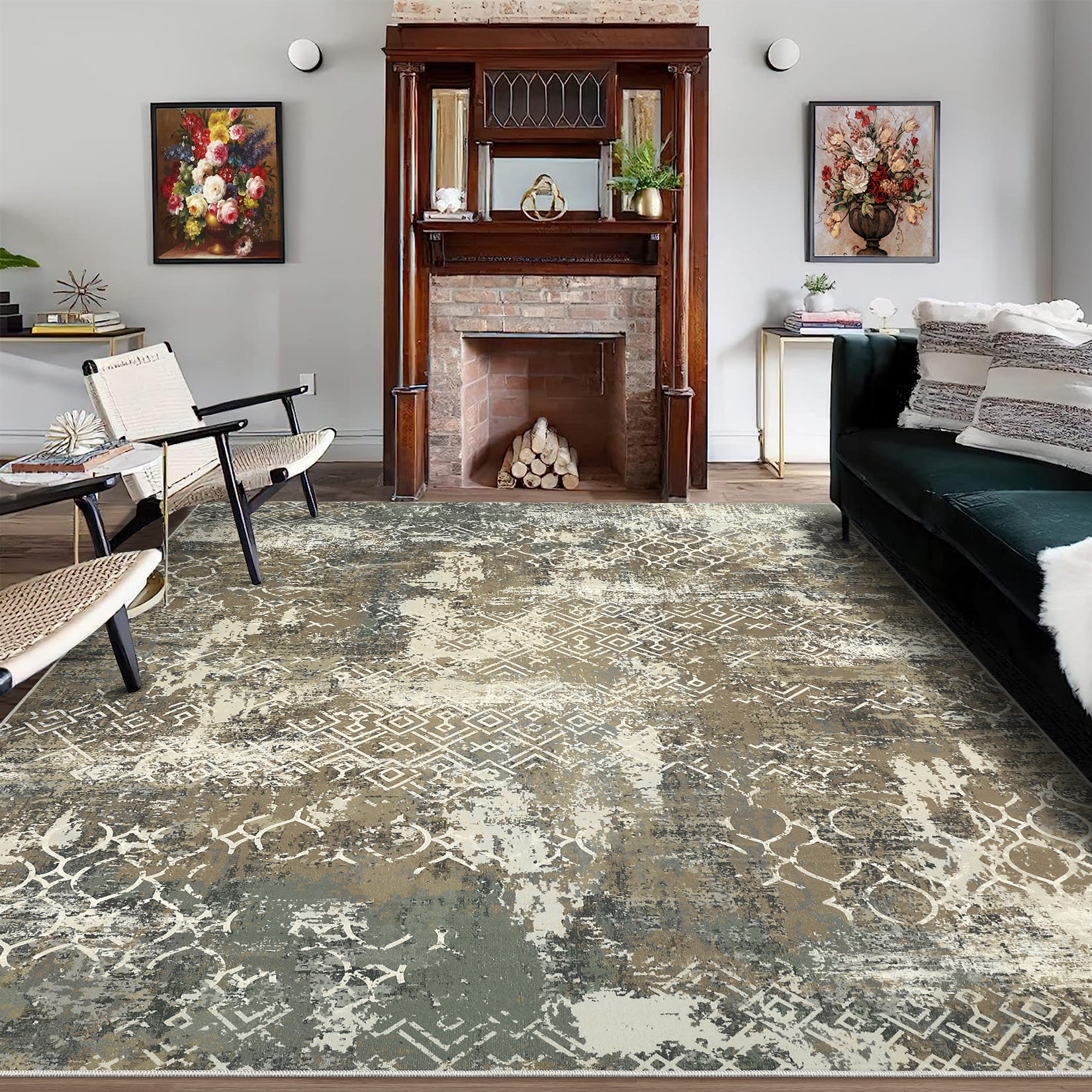 Garvee Large Area Rug 10x13 Abstract Rug Machine Washable Area Rug Non Slip Low Pile Rugs Lightweight Rug for Bedroom Living Room, Camel/Green