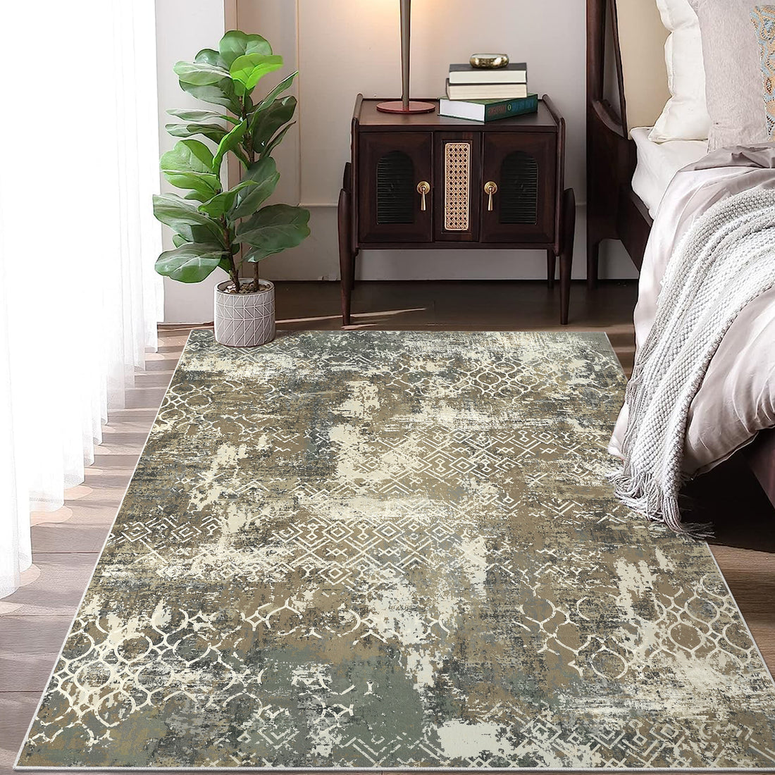 Garvee Large Area Rug 10x13 Abstract Rug Machine Washable Area Rug Non Slip Low Pile Rugs Lightweight Rug for Bedroom Living Room, Camel/Green