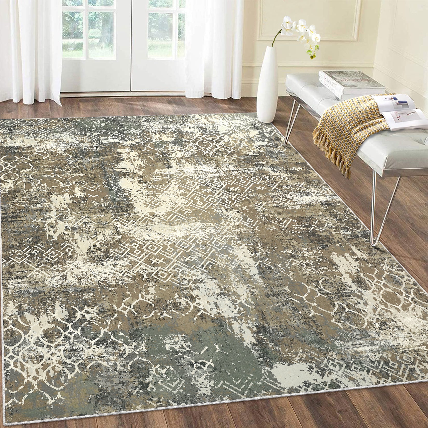 Garvee Large Area Rug 10x13 Abstract Rug Machine Washable Area Rug Non Slip Low Pile Rugs Lightweight Rug for Bedroom Living Room, Camel/Green