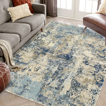 Garvee Large Area Rug 10x13 Abstract Rug Machine Washable Area Rug Non Slip Low Pile Rugs Lightweight Rug for Bedroom Living Room, Cream/Blue