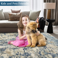 Garvee Large Area Rug 10x13 Abstract Rug Machine Washable Area Rug Non Slip Low Pile Rugs Lightweight Rug for Bedroom Living Room, Cream/Blue