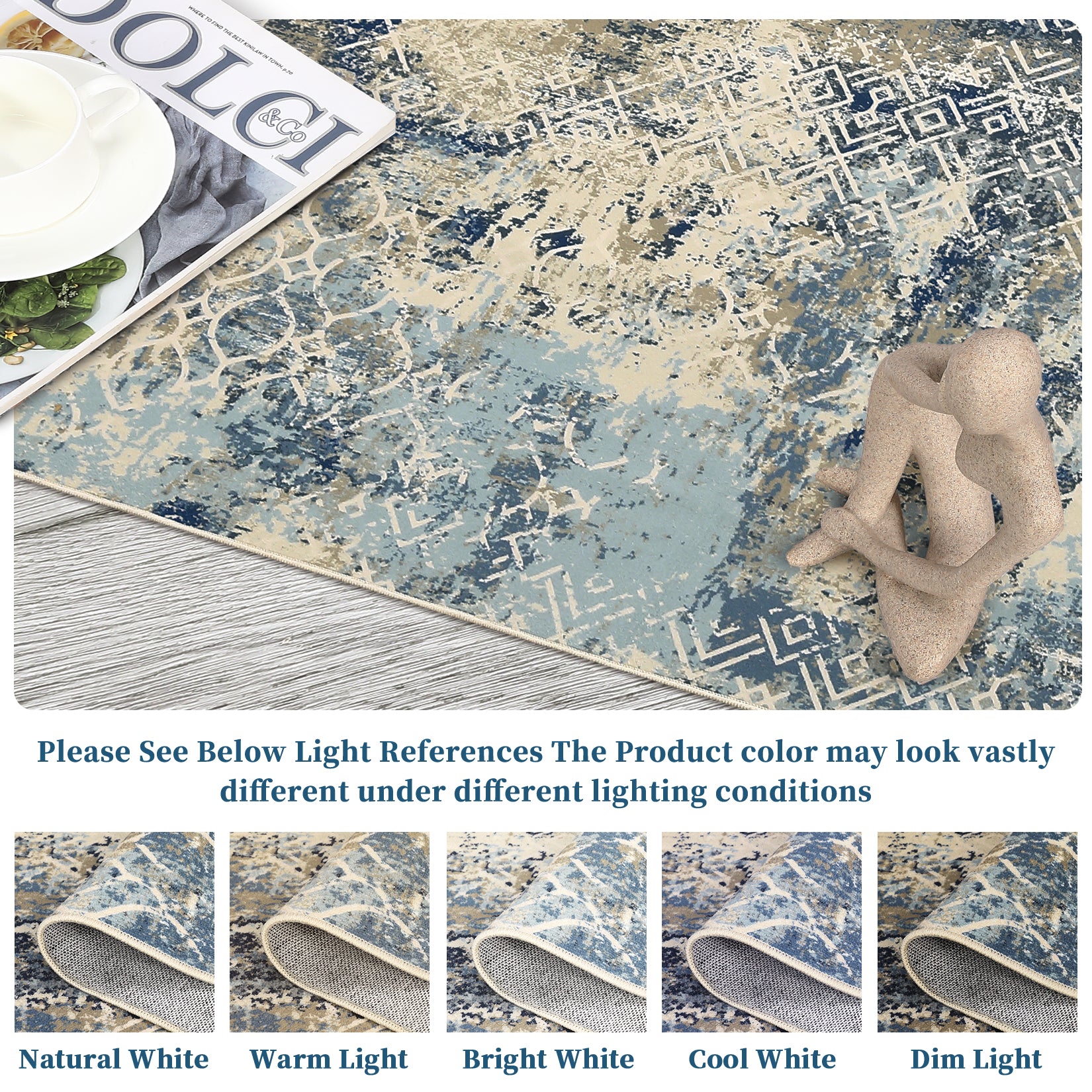 Garvee Large Area Rug 10x13 Abstract Rug Machine Washable Area Rug Non Slip Low Pile Rugs Lightweight Rug for Bedroom Living Room, Cream/Blue