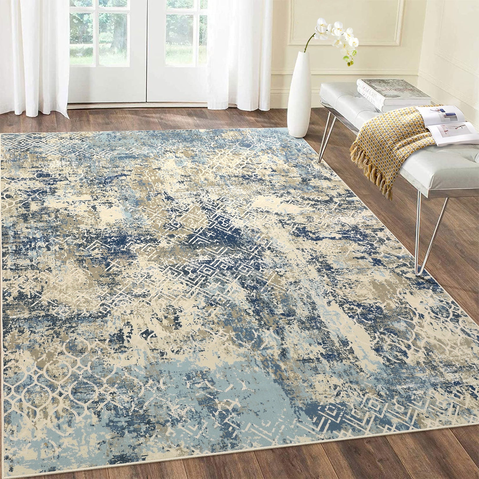 Garvee Large Area Rug 10x13 Abstract Rug Machine Washable Area Rug Non Slip Low Pile Rugs Lightweight Rug for Bedroom Living Room, Cream/Blue