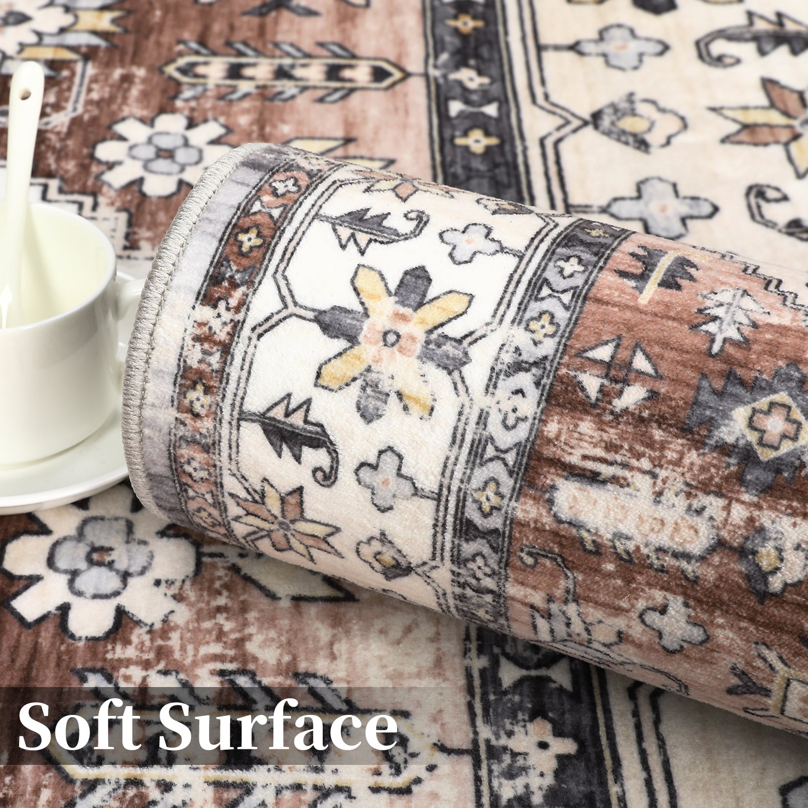 Garvee Rug 5x7 Living Room Rug Washable Rugs for Bedroom Ultra-Soft Indoor Kitchen Rug Vintage Floral Distressed Carpet Non Slip Backing Foldable Thin Rug for Dining Nursery Dorm Office Rust