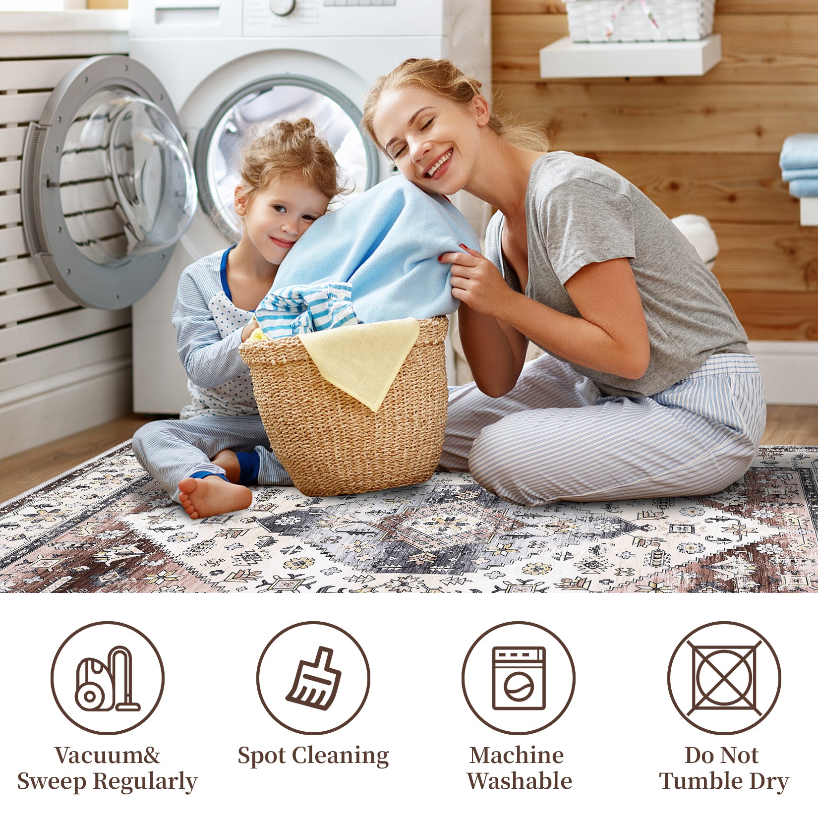 Garvee Rug 5x7 Living Room Rug Washable Rugs for Bedroom Ultra-Soft Indoor Kitchen Rug Vintage Floral Distressed Carpet Non Slip Backing Foldable Thin Rug for Dining Nursery Dorm Office Rust