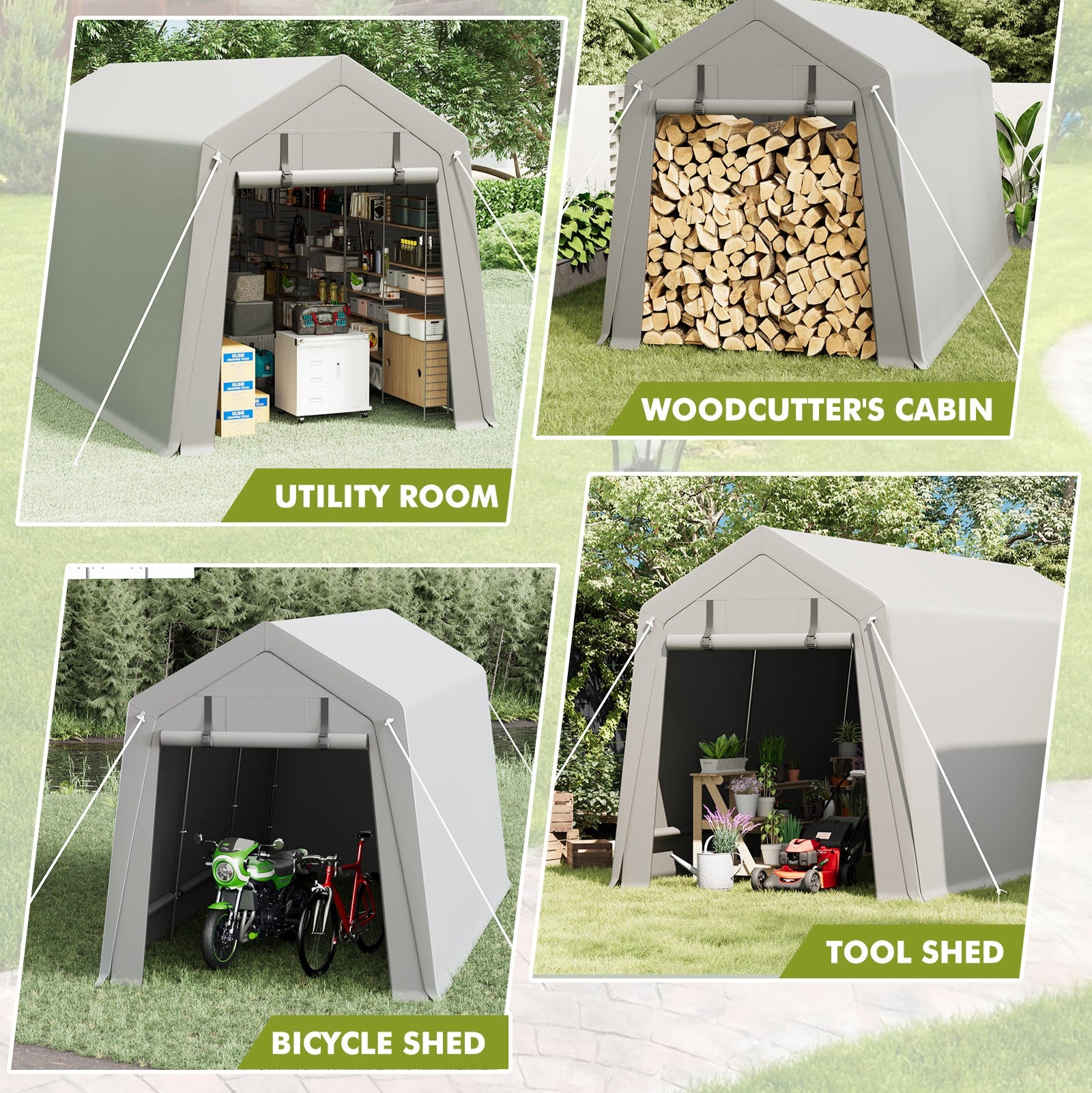 Garvee 10'x15' Portable Carport with Rolled-Up Zipper Door - Waterproof Garage for Motorcycle, Bike & Firewood Storage, Grey