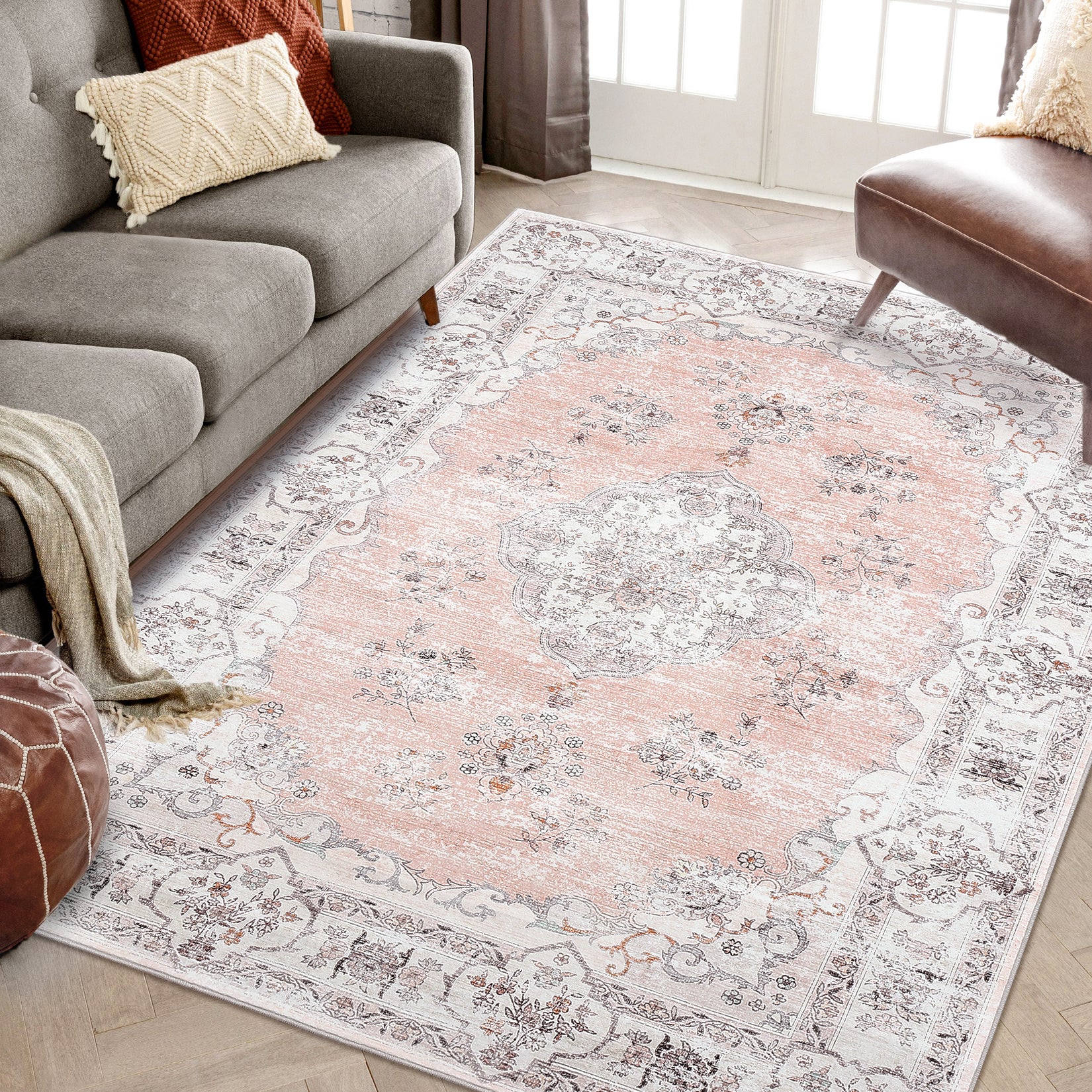 Garvee Washable Rugs 10x13 Rugs for Living Room Vintage Floral Carpet Non-Slip Bedroom Rug Soft Low Pile Indoor Distressed Floor Carpet, Pink