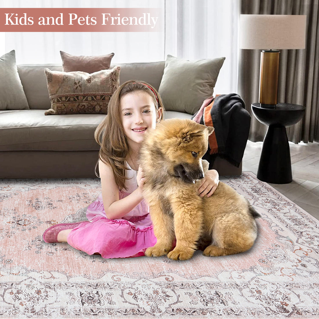 Garvee Washable Rugs 10x13 Rugs for Living Room Vintage Floral Carpet Non-Slip Bedroom Rug Soft Low Pile Indoor Distressed Floor Carpet, Pink