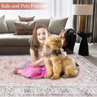 Garvee Washable Rugs 10x13 Rugs for Living Room Vintage Floral Carpet Non-Slip Bedroom Rug Soft Low Pile Indoor Distressed Floor Carpet, Pink