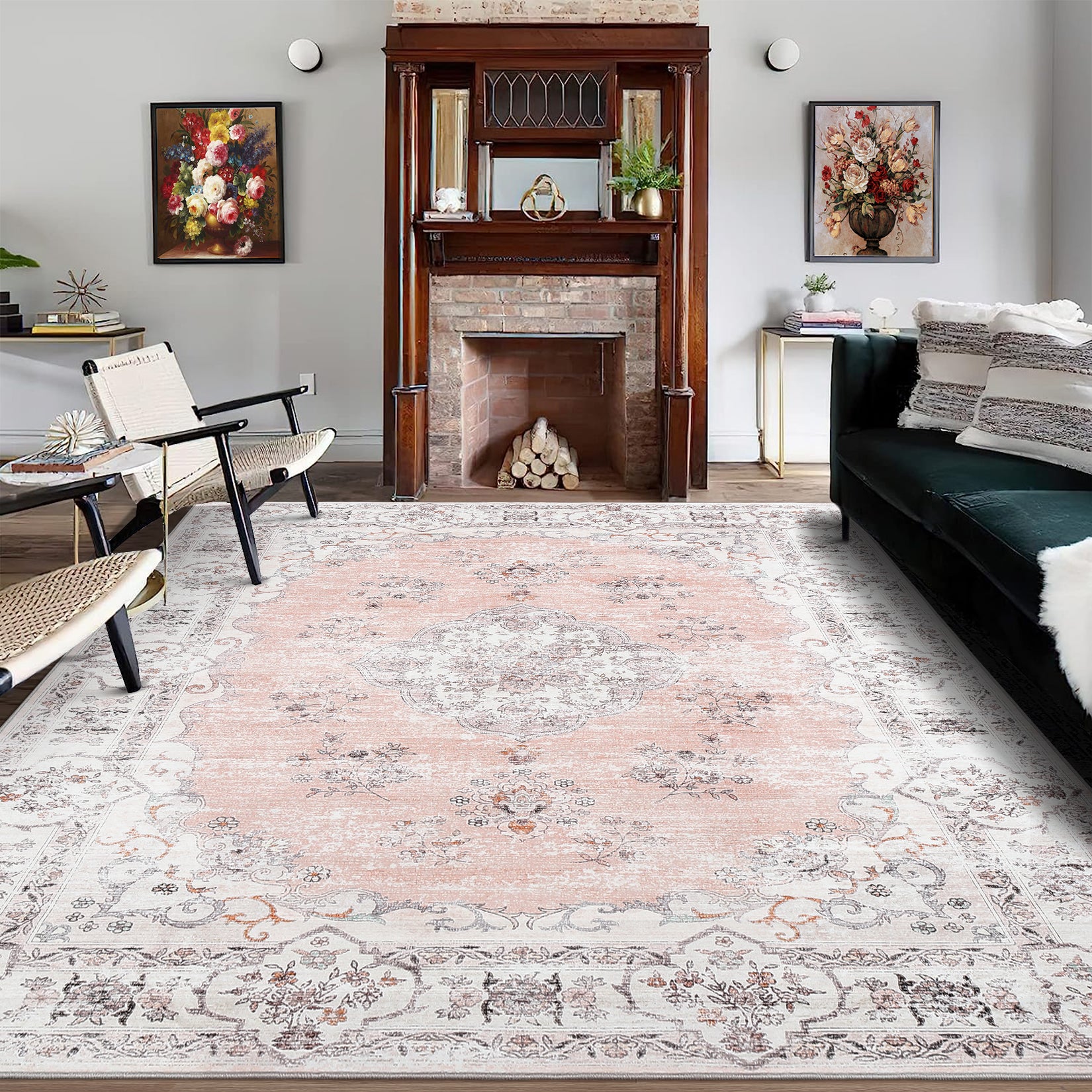 Garvee Washable Rugs 10x13 Rugs for Living Room Vintage Floral Carpet Non-Slip Bedroom Rug Soft Low Pile Indoor Distressed Floor Carpet, Pink