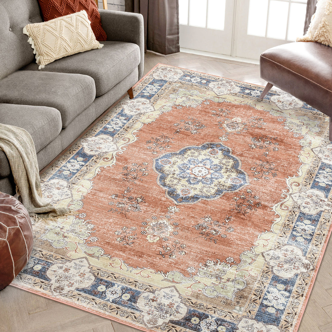 Garvee Large Area Rug 10x13 Washable Rug Vintage Floral Rug Non Slip Low Pile Distressed Rug Stain Resistant Rug Indoor Floor Cover for Living Room Bedroom Office, Orange