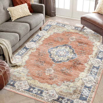 Garvee Large Area Rug 10x13 Washable Rug Vintage Floral Rug Non Slip Low Pile Distressed Rug Stain Resistant Rug Indoor Floor Cover for Living Room Bedroom Office, Orange