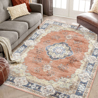 Garvee Large Area Rug 10x13 Washable Rug Vintage Floral Rug Non Slip Low Pile Distressed Rug Stain Resistant Rug Indoor Floor Cover for Living Room Bedroom Office, Orange