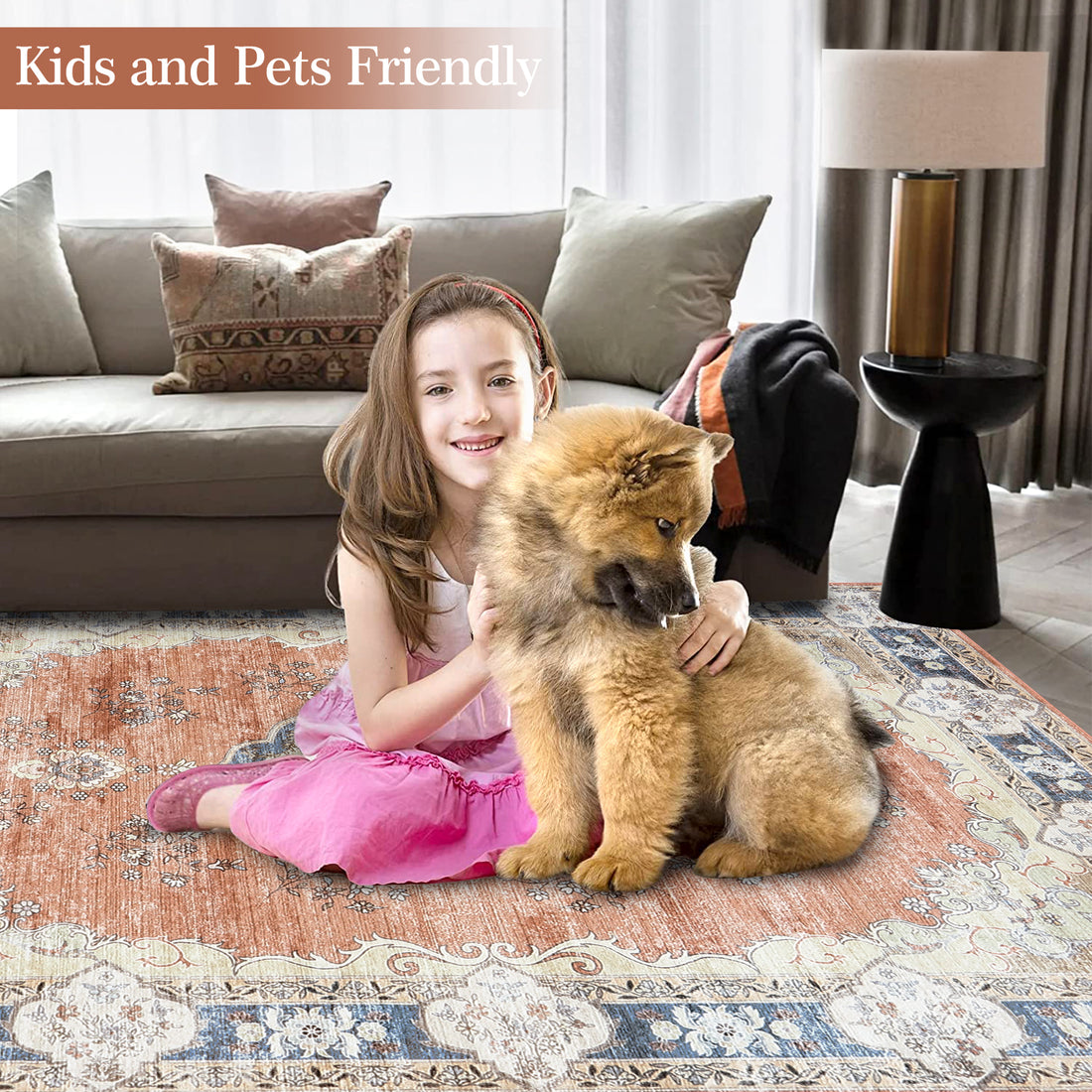 Garvee Large Area Rug 10x13 Washable Rug Vintage Floral Rug Non Slip Low Pile Distressed Rug Stain Resistant Rug Indoor Floor Cover for Living Room Bedroom Office, Orange