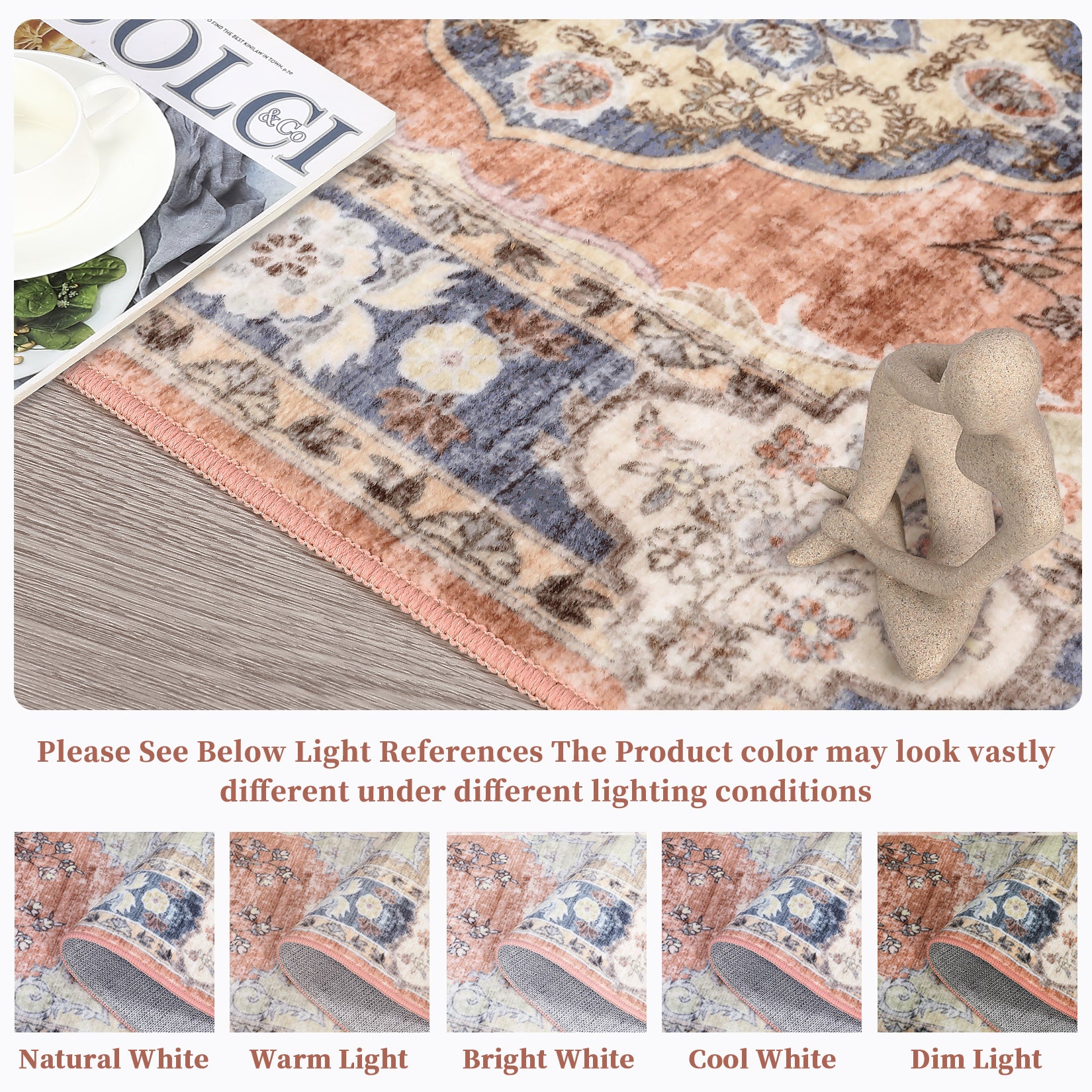 Garvee Large Area Rug 10x13 Washable Rug Vintage Floral Rug Non Slip Low Pile Distressed Rug Stain Resistant Rug Indoor Floor Cover for Living Room Bedroom Office, Orange