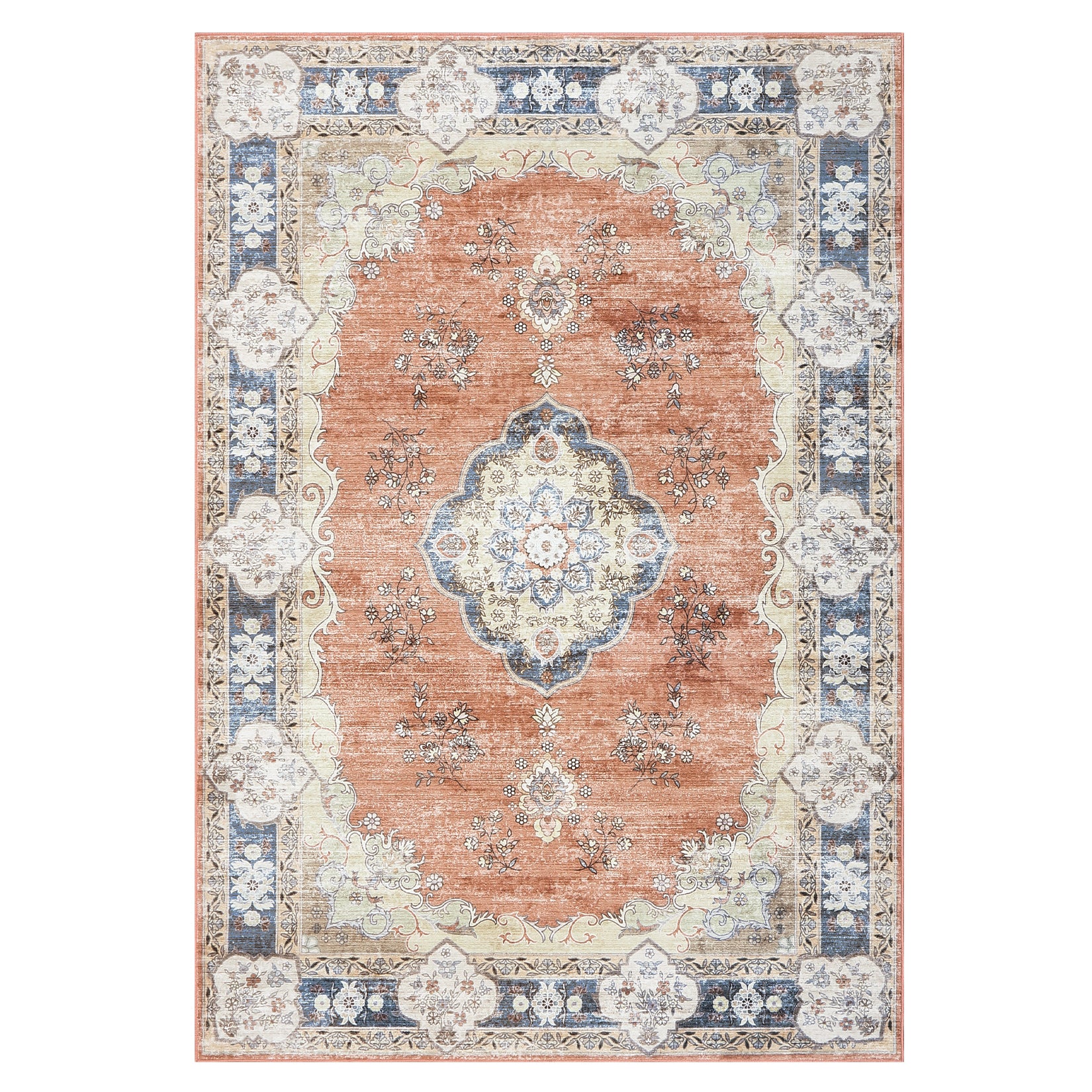 Garvee Large Area Rug 10x13 Washable Rug Vintage Floral Rug Non Slip Low Pile Distressed Rug Stain Resistant Rug Indoor Floor Cover for Living Room Bedroom Office, Orange