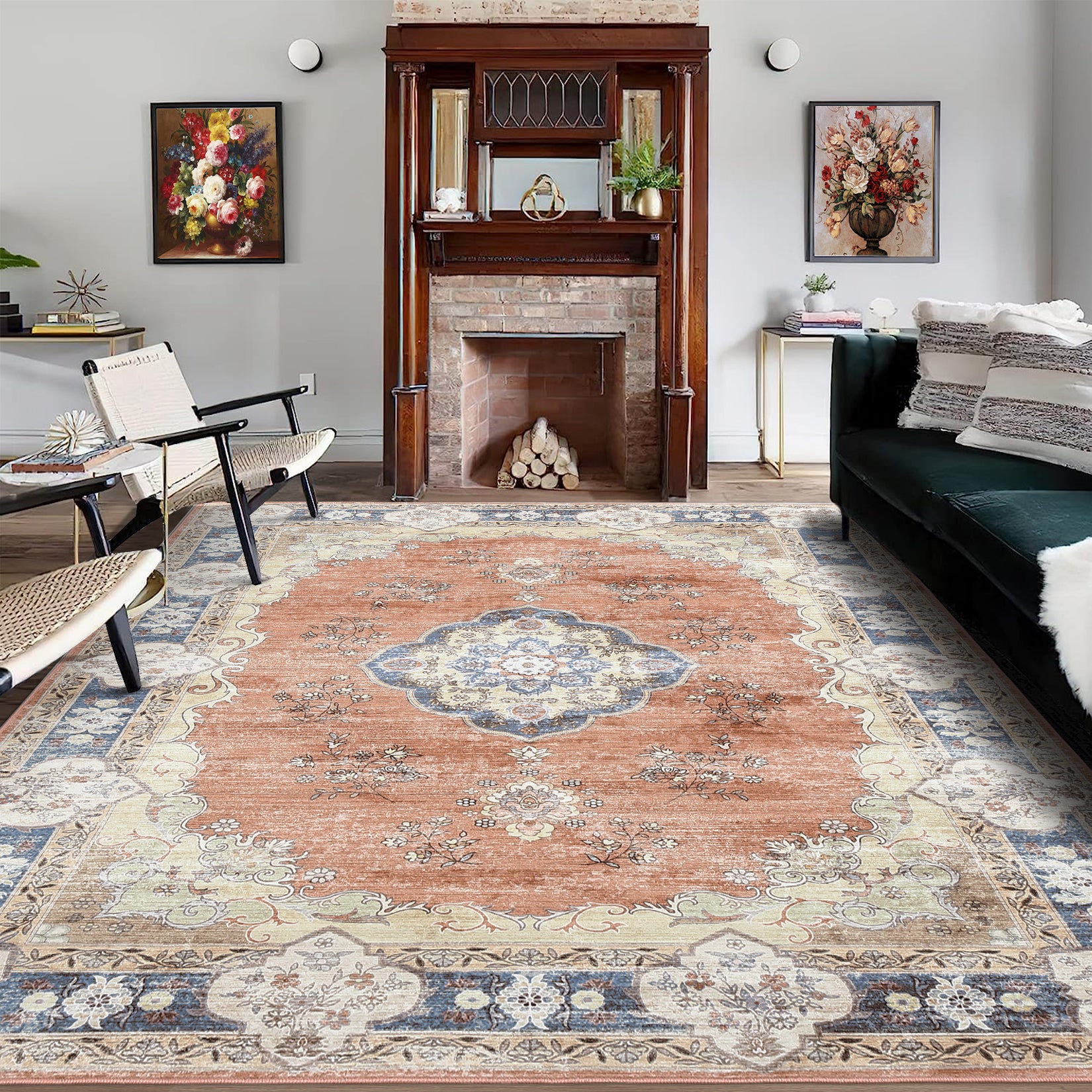 Garvee Large Area Rug 10x13 Washable Rug Vintage Floral Rug Non Slip Low Pile Distressed Rug Stain Resistant Rug Indoor Floor Cover for Living Room Bedroom Office, Orange