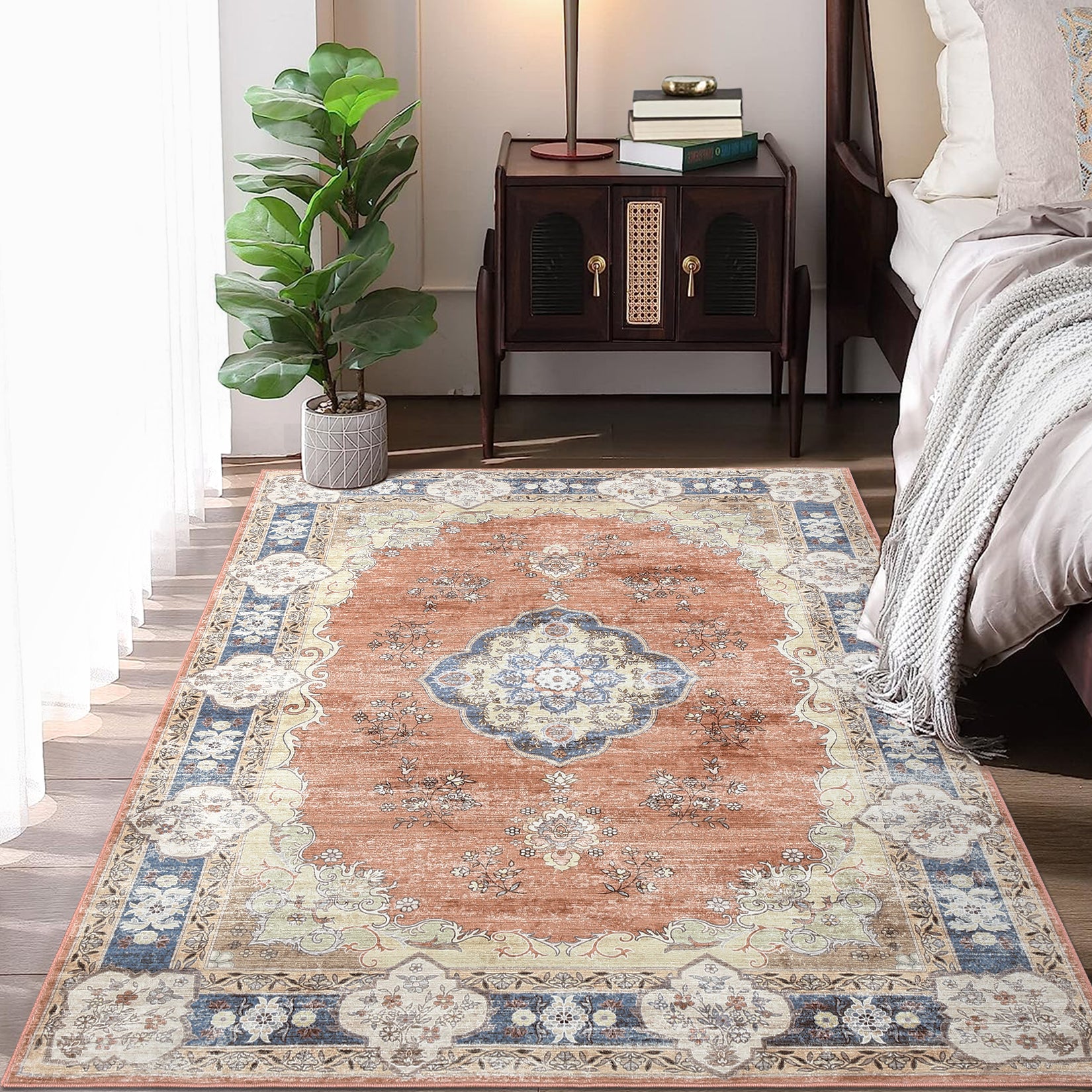 Garvee Large Area Rug 10x13 Washable Rug Vintage Floral Rug Non Slip Low Pile Distressed Rug Stain Resistant Rug Indoor Floor Cover for Living Room Bedroom Office, Orange