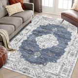 Garvee Washable Rugs 10x13 Rugs for Living Room Vintage Floral Carpet Non-Slip Bedroom Rug Soft Low Pile Indoor Distressed Floor Carpet, Blue - Blue