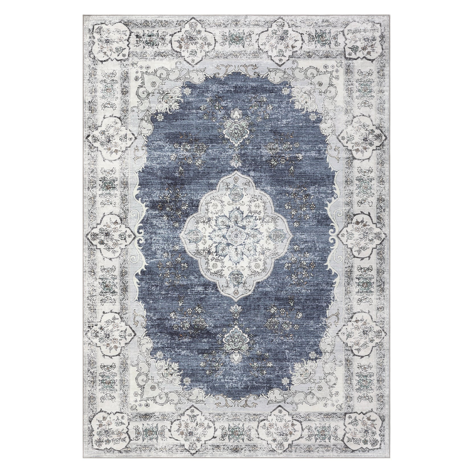 Garvee Washable Rugs 10x13 Rugs for Living Room Vintage Floral Carpet Non-Slip Bedroom Rug Soft Low Pile Indoor Distressed Floor Carpet, Blue