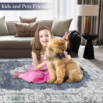 Garvee Washable Rugs 10x13 Rugs for Living Room Vintage Floral Carpet Non-Slip Bedroom Rug Soft Low Pile Indoor Distressed Floor Carpet, Blue