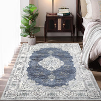 Garvee Washable Rugs 10x13 Rugs for Living Room Vintage Floral Carpet Non-Slip Bedroom Rug Soft Low Pile Indoor Distressed Floor Carpet, Blue
