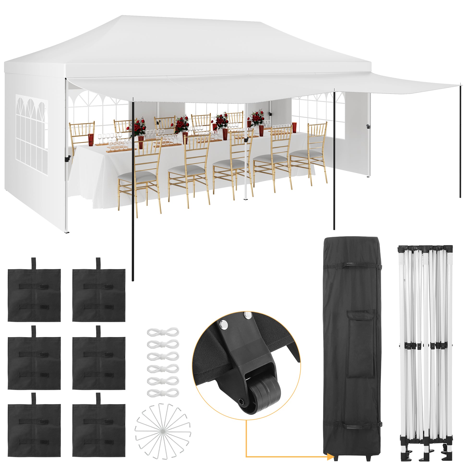 Garvee 10x20 Pop Up Canopy Tent with Awning, 10x20 Tents with 5 Removable Sidewalls, Commercial Heavy Duty Canopy Tents for Parties with Roller Bag, Upgraded Thickened Legs, 6 Sand Bags, White