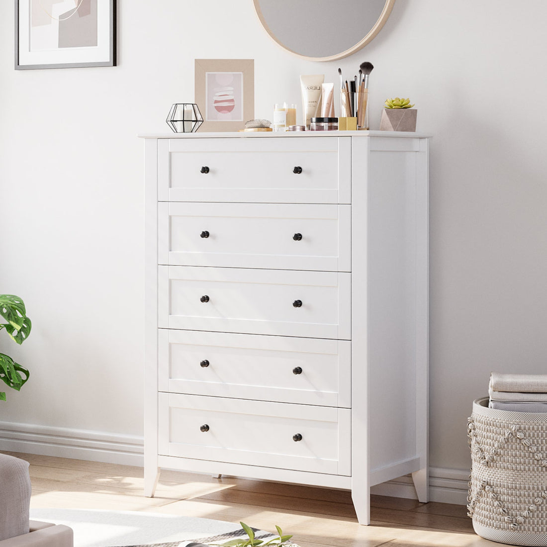 Garvee 5 Drawer Dresser for Bedroom, Wood Dresser with Deep Space & Metal Knobs, Tall Dresser Closet Organizer, Modern Chests of Drawers for Living Room, Entryway, Hallway, White