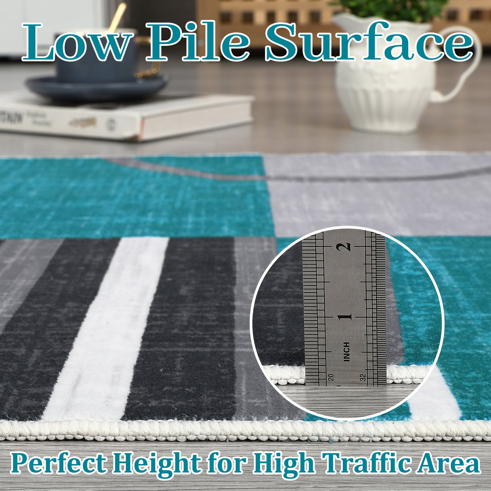 Garvee Modern Turquoise 8x10 Geometric Washable Rug, Non Slip Low Pile Stain Resistant Carpet for Living Room